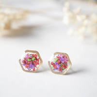 Real Dried Flowers and Resin Stud Earrings, Gold Hexagon in Neon Mix - Thumbnail 4