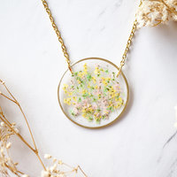 Real Dried Flowers in Resin Necklace, Gold Circle in Pink Yellow Green - Thumbnail 3