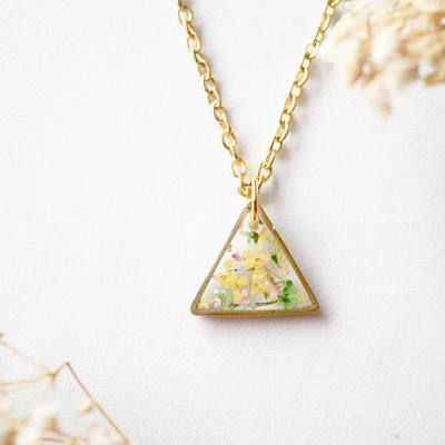 Real dried flowers in resin necklace, gold triangle in pink yellow green