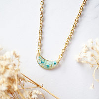 Real Dried Flowers in Resin Necklace, Gold Half Moon in Teal Mint White - Thumbnail 3