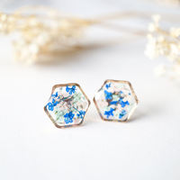 Real Dried Flowers and Resin Stud Earrings, Rose Gold Hexagon in Blue Mint Pink - Thumbnail 4