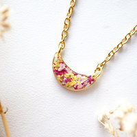 Real Dried Flowers in Resin Necklace, Gold Half Moon in Pink Magenta Yellow - Thumbnail 3
