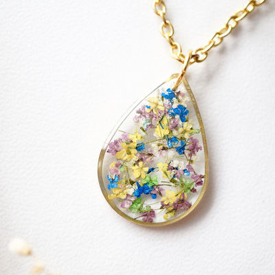 Real dried flowers and resin necklace, gold teardrop in purple yellow white blue green