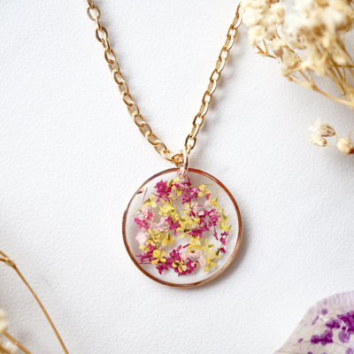 Real dried flowers in resin necklace, rose gold circle in magenta pink yellow