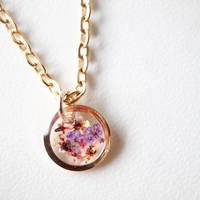 Real Dried Flowers in Resin Necklace, Small Rose Gold Circle in Pinks and Purple - Thumbnail 4