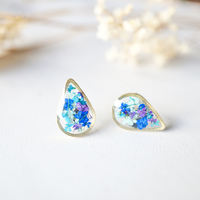 Real Dried Flowers and Resin Stud Earrings, Gold Teardrop in Mint Teal Purple Blue - Thumbnail 3
