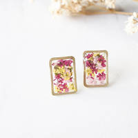 Real Dried Flowers and Resin Stud Earrings, Gold Rectangle in Maroon Pink Yellow - Thumbnail 1