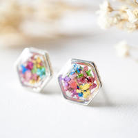 Real Dried Flowers and Resin Stud Earrings, Silver Hexagon in Party Mix - Thumbnail 4