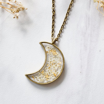Real pressed flower and resin moon necklace in white and gold foil mix