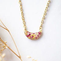 Real Dried Flowers in Resin Necklace, Gold Half Moon in Pink Magenta Yellow - Thumbnail 4