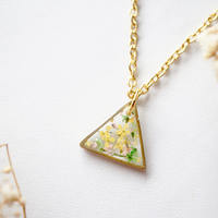 Real Dried Flowers in Resin Necklace, Gold Triangle in Pink Yellow Green - Thumbnail 1