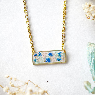 Real dried flowers and resin necklace, gold bar in pink mint blue