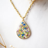 Real Dried Flowers and Resin Necklace, Gold Teardrop in Purple Yellow White Blue Green - Thumbnail 1