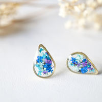 Real Dried Flowers and Resin Stud Earrings, Gold Teardrop in Mint Teal Purple Blue - Thumbnail 4