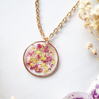 Real Dried Flowers in Resin Necklace, Rose Gold Circle in Magenta Pink Yellow - Thumbnail 1
