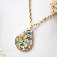 Real Dried Flowers and Resin Necklace, Gold Teardrop in Purple Yellow White Blue Green - Thumbnail 2