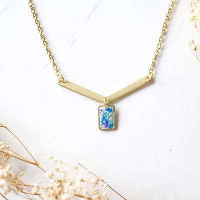 Real dried flowers in resin necklace, gold arrow and rectangle in purple blue mint teal