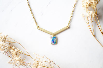 Real Dried Flowers in Resin Necklace, Gold Arrow and Rectangle in Purple Blue Mint Teal