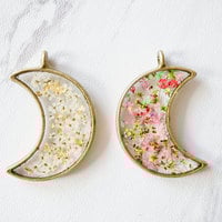 Real Pressed Flower and Resin Moon Necklace in White and Gold Foil Mix - Thumbnail 2