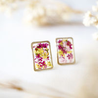 Real Dried Flowers and Resin Stud Earrings, Gold Rectangle in Maroon Pink Yellow - Thumbnail 3