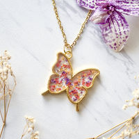 Real Dried Flowers and Resin Butterfly Necklace in Gold, Purple, Orange, Red - Thumbnail 1