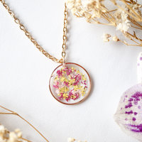 Real Dried Flowers in Resin Necklace, Rose Gold Circle in Magenta Pink Yellow - Thumbnail 3