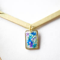 Real Dried Flowers in Resin Necklace, Gold Arrow and Rectangle in Purple Blue Mint Teal - Thumbnail 1