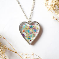 Real Dried Flowers in Resin Necklace, Silver Heart in Party Mix - Thumbnail 1