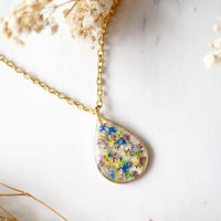 Real Dried Flowers and Resin Necklace, Gold Teardrop in Purple Yellow White Blue Green - Thumbnail 4