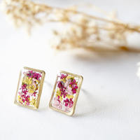 Real Dried Flowers and Resin Stud Earrings, Gold Rectangle in Maroon Pink Yellow - Thumbnail 4