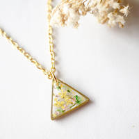 Real Dried Flowers in Resin Necklace, Gold Triangle in Pink Yellow Green - Thumbnail 3