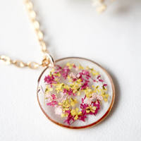 Real Dried Flowers in Resin Necklace, Rose Gold Circle in Magenta Pink Yellow - Thumbnail 4