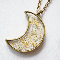Real Pressed Flower and Resin Moon Necklace in White and Gold Foil Mix - Thumbnail 4