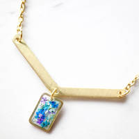 Real Dried Flowers in Resin Necklace, Gold Arrow and Rectangle in Purple Blue Mint Teal - Thumbnail 2