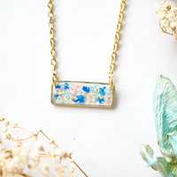 Real Dried Flowers and Resin Necklace, Gold Bar in Pink Mint Blue - Thumbnail 3