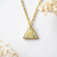 Real Dried Flowers in Resin Necklace, Gold Triangle in Pink Yellow Green - Thumbnail 4