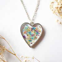 Real Dried Flowers in Resin Necklace, Silver Heart in Party Mix - Thumbnail 3