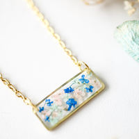 Real Dried Flowers and Resin Necklace, Gold Bar in Pink Mint Blue - Thumbnail 4
