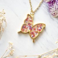 Real Dried Flowers and Resin Butterfly Necklace in Gold, Purple, Orange, Red - Thumbnail 3