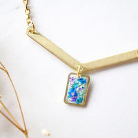 Real Dried Flowers in Resin Necklace, Gold Arrow and Rectangle in Purple Blue Mint Teal - Thumbnail 4