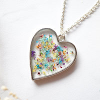Real Dried Flowers in Resin Necklace, Silver Heart in Party Mix - Thumbnail 4