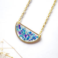 Real Dried Flowers in Resin Necklace, Half Circle in Purple, Mint, Blue, Teal - Thumbnail 1
