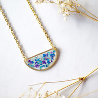 Real Dried Flowers in Resin Necklace, Half Circle in Purple, Mint, Blue, Teal - Thumbnail 3