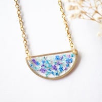 Real Dried Flowers in Resin Necklace, Half Circle in Purple, Mint, Blue, Teal - Thumbnail 4