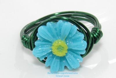 Blue Daisy Flower Ring (w/ green wire)