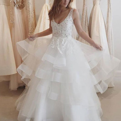 White v neck lace tulle long prom gown, white evening dress