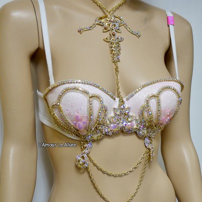 Pastel pink glitter gold iridescent mermaid dance costume rave bra mermaid halloween burlesque show girl - Thumbnail 5