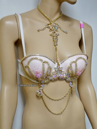 Pastel Pink Glitter Gold Iridescent Mermaid Dance Costume Rave Bra Mermaid Halloween Burlesque Show Girl