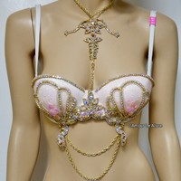Pastel Pink Glitter Gold Iridescent Mermaid Dance Costume Rave Bra Mermaid Halloween Burlesque Show Girl - Thumbnail 1