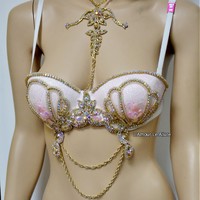 Pastel Pink Glitter Gold Iridescent Mermaid Dance Costume Rave Bra Mermaid Halloween Burlesque Show Girl - Thumbnail 2